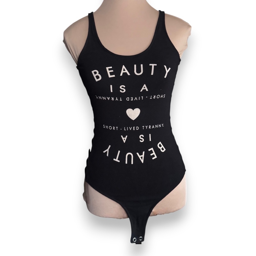 FOREVER 21 Black “Beauty Is A Short-Lived Tyranny” Strappy Side Bodysuit Size S - Picture 6 of 9